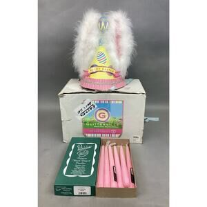 Dept 56 Glitterville Easter Egg Party Hat w/ 6 Patrician Pink 10” Candles